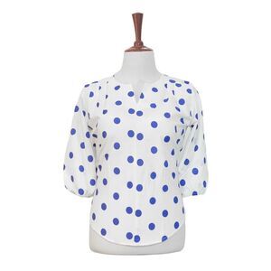 Womens Silky Blouse Polka Dot White Blue 3/4 Sleeve V-Neck Casual Top Large